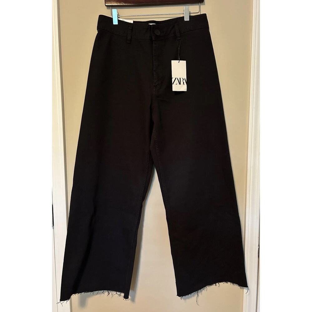 Zara The Marine Straight Jeans Women’s 14 Black High Waist Wide Leg Raw Hem NWT